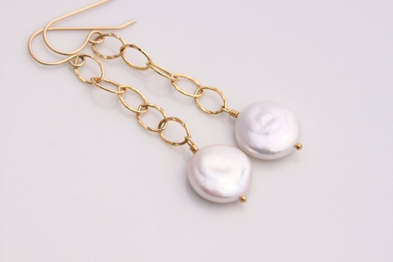 AA Coin Pearl Earrings 14k Gold Filled White by PrincessTingTing