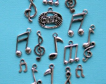 Music Notes Charm Collection Antique Silver Tone 15 Charms - COL268