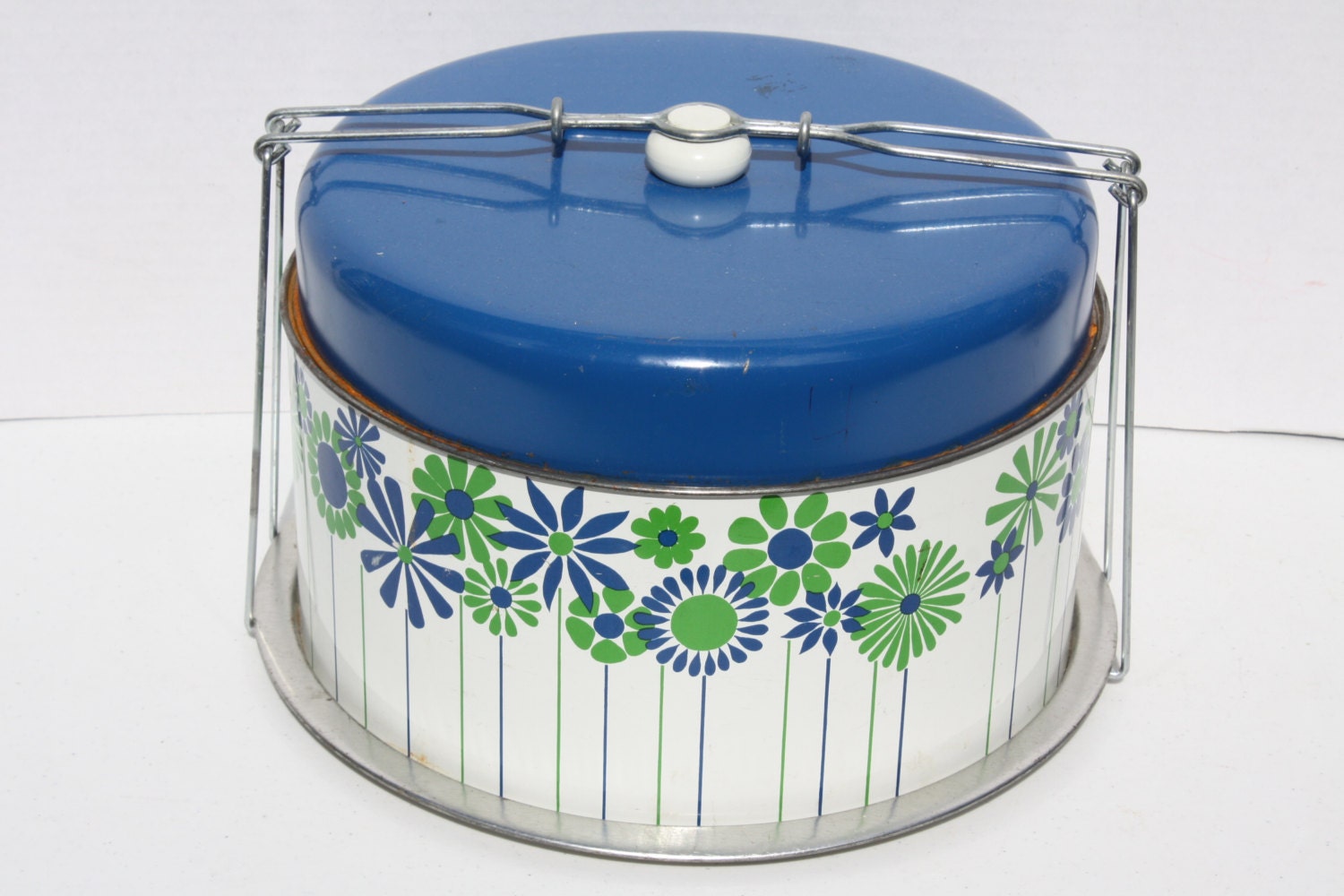 Vintage Metal Cake Carrier Blue Green And White Floral 2 Tier