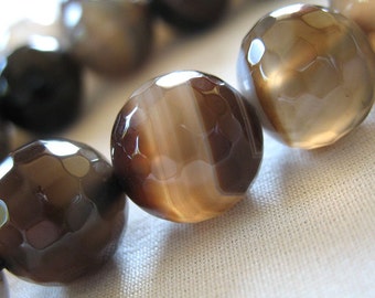 12mm Micro Faceted Brown Tan White Round Beads, large 12mm, full strand, 33 beads, 15.5"