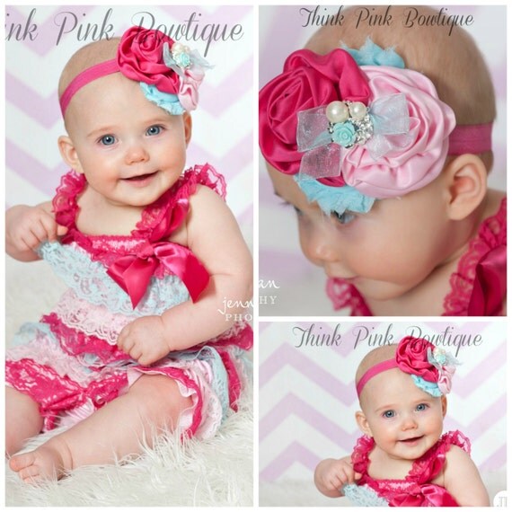 Baby Headband Petti Lace Romper SET, petti romper,baby headbands, Pink flower headband,Baby girl Headband and lace petti romper. by ThinkPinkBows
