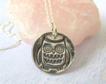 Owl Necklace, Silver Owl Necklace, Whimsical Owl Pendant, Owl Jewelry, Rustic Silver Jewelry