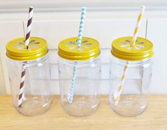 Plastic Mason Jars Colored Daisy Lids 12, Table Setting w/ Yellow Daisy Cut Lids Kids Birthday Party Wedding Baby Shower Favors 17oz Il_570xn