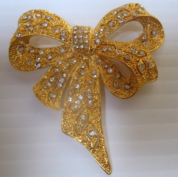 Vintage Crystal Rhinestone Bow Pin Brooch