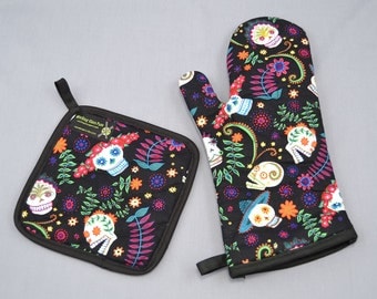 Day of the Dead Sugar Skulls Oven Mitt and Pot Holder, Sets and Singles, Colorful Flowers on Black Background