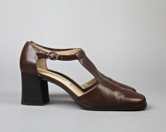 vintage shoes, 1990's brown leather t strap stacked heel sandals, size ...