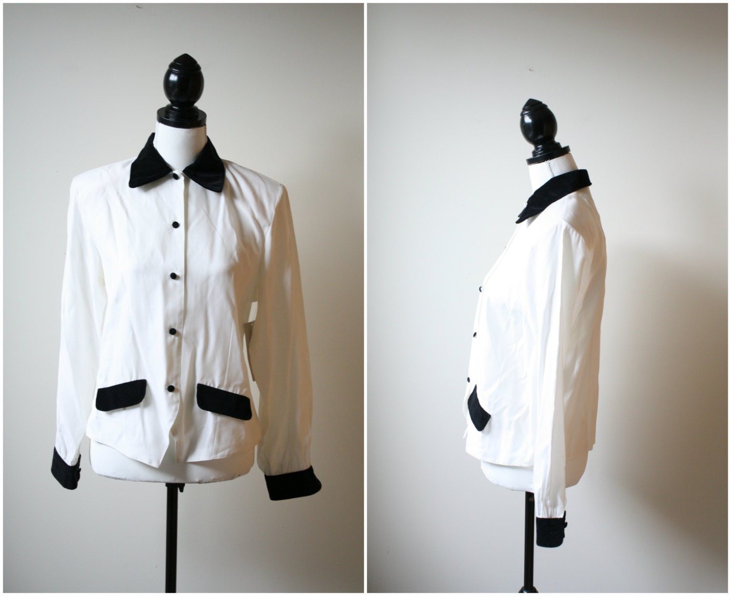 White Tuxedo Blouse with Black Velvet Collar - Karen Scott 1990s Button up blouse