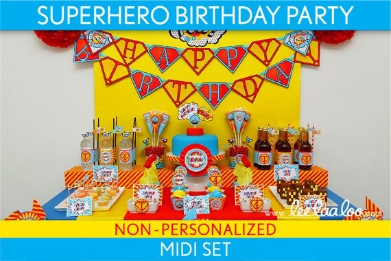Superhero Birthday Party Package Collection Set Midi NonPersonalized Printable // Vintage Superhero - B32Nz2 Il_570xn