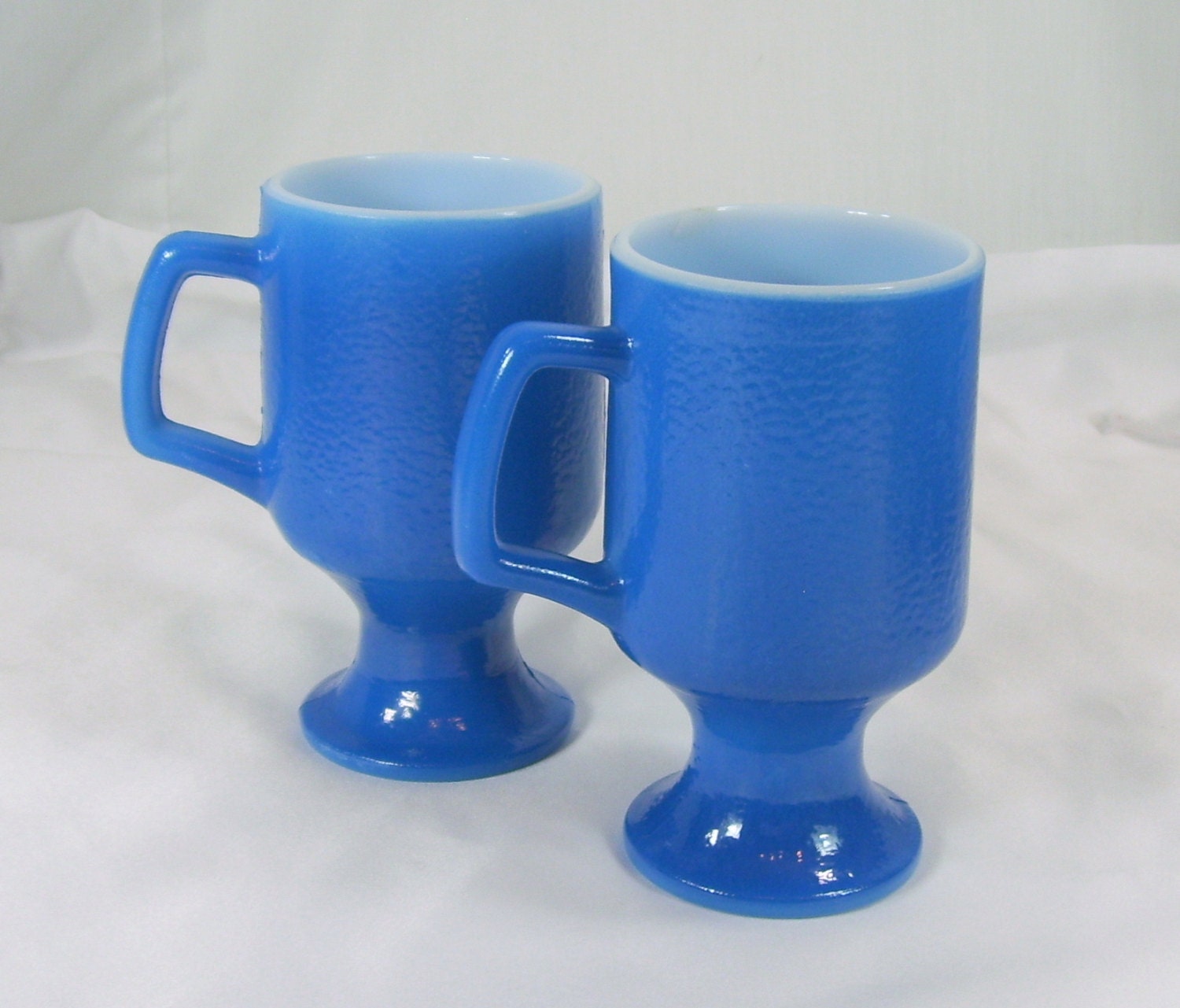 Vintage Coffee Cups White Milk Glass Blue Enamel Pedestal