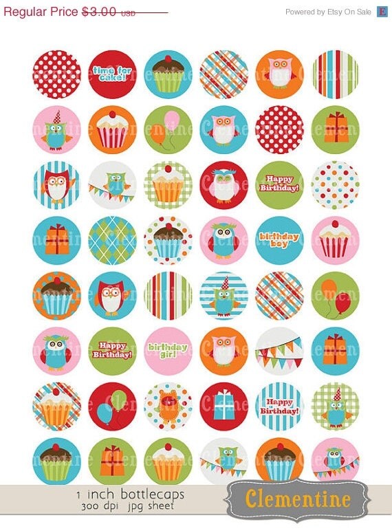 35% OFF SALE Birthday bottle cap images, owl bottlecap images, one inch circles, royalty free- bc115- Instant Download Il_570xn