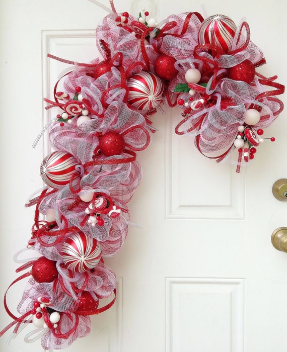 Items similar to Candy Cane Deco Mesh Wreath on Etsy