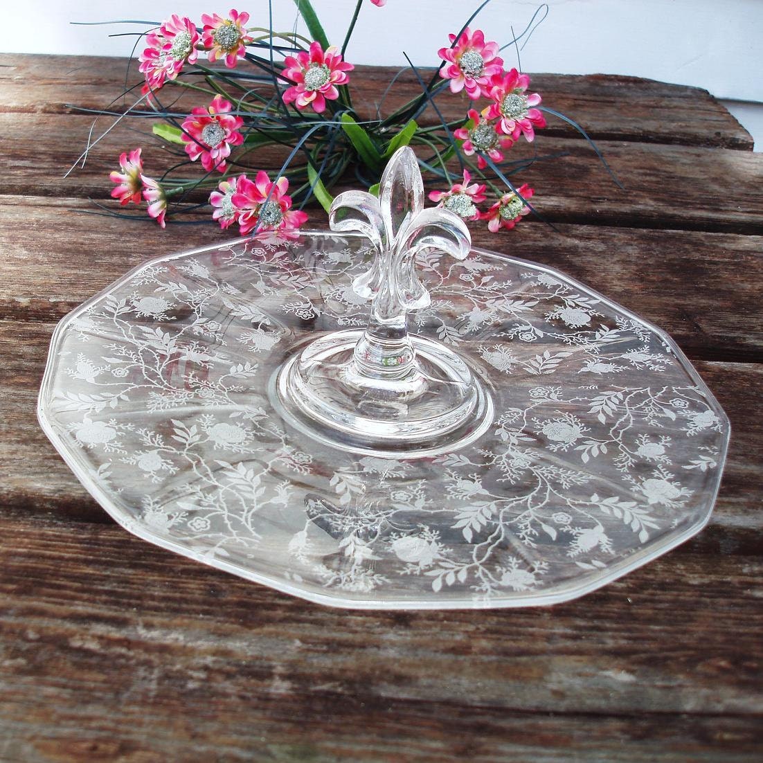 1940s Glassware Fostoria Chintz Glass Cake Plate Sandwich