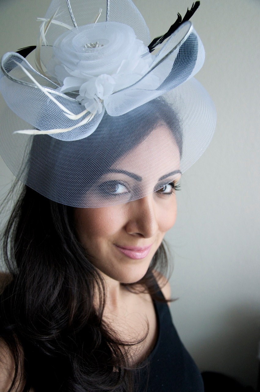 White Fascinator Mesh Rose Couture English Hat Fascinator
