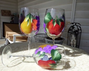 Hand painted wine glasses in fruit design, apples, pear, plum, grapes, wine,water,tea glasses