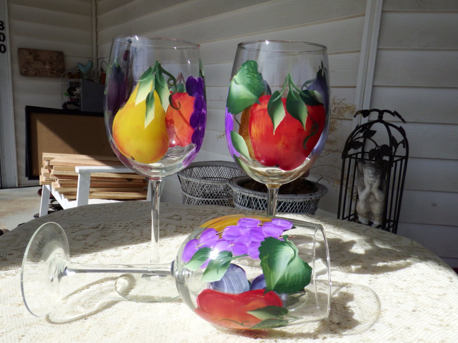 Hand painted wine glasses in fruit design apples pear plum