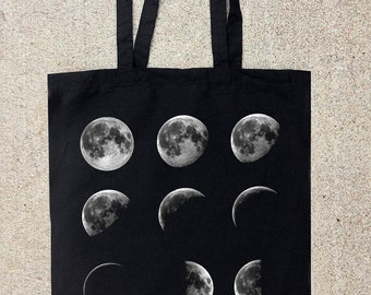 Black Cotton Canvas Tote Bag - Moon Phases