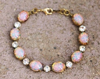 Vintage Fire Opal Bracelet,Pink Harlequin Opal & Rhinestone,Vintage Tennis Style Bracelet,Birthstone Jewelry,Glass Opal,Something Old,Unique