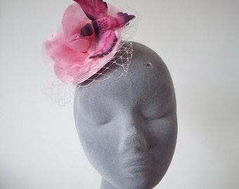 Pink Fascinator, Pink Hummingbird and Flower Fascinator, Pink Fascinator with Veiling, Pink Cocktail Hat, Pink Hatinator, Pink Headpiece