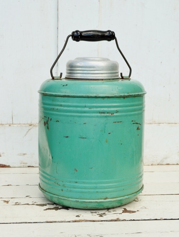 Green Metal Water Jug Cooler Thermos Ceramic Stoneware Liner