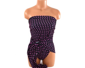 Medium Bathing Suit Black with Pink Polka Dots Wrap Around Swimsuit One Piece Swimwear One Wrap for Women, Teens and Maternity Badeanzug