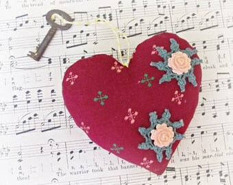 Heart Ornament Pincushion Bowl Filler Skeleton Key To My Vintage Burgundy. Maroon Marsala Green Peach Flowers. Doilies Cross Pin Cushion