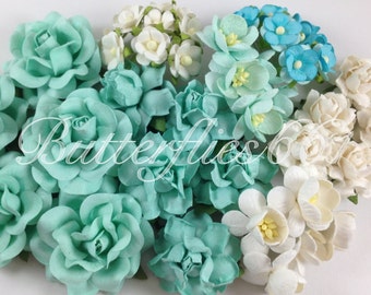 45 Handmade Mulberry Paper Flowers Mixed Sizes of Aqua Blue Wedding Roses