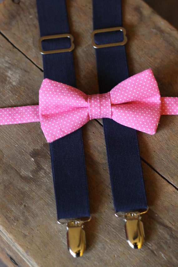 Baby Boy Bow Tie Suspender Set - Pink Polka Dot Bow Tie - Navy Blue Suspenders - Baby Photograhpy Prop  - TaLula Knits "Gents" Collection