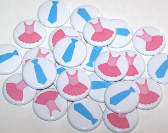 Tutus & Ties Gender Reveal Party Set of 24 Buttons Baby Shower Favor 1" or 1.5" or 2.25" Pin Back Button Pink Blue 1" Magnets