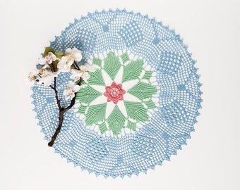 Crochet doily, tabletop decor, lace centerpiece, mothers day, home decor, blue, green, rose, heirloom quality, cottage chic, shabby chic