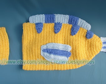 Fish Disney Costume for Baby - Flounder Cocoon and Hat set, newborn outfit - Halloween, photo prop or gift for baby shower