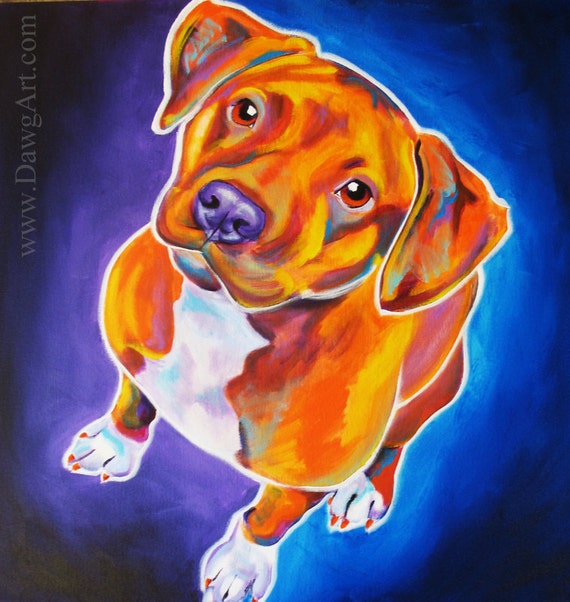 Colorful Pet Portrait, Pit Bull Dog Art, Paper or Canvas Print, DawgArt ...