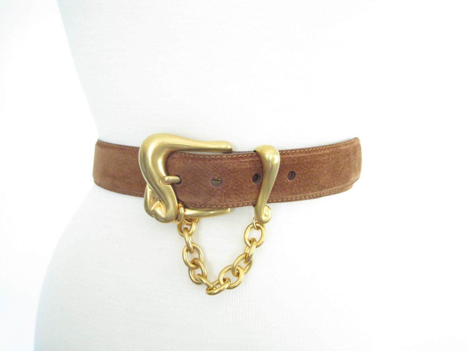 Vintage DKNY Tan Suede Waist Belt with Gold Hardware. Size Large. Made
