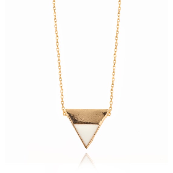 Gold  White Enamel Triangle Necklace
