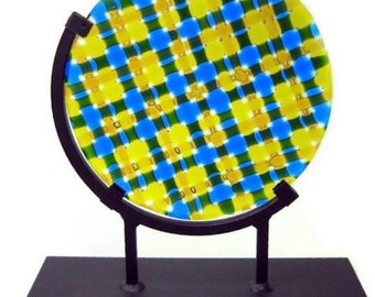 Art Glass Sculpture Round Blue Yellow Kaleidoscope Artist Signed