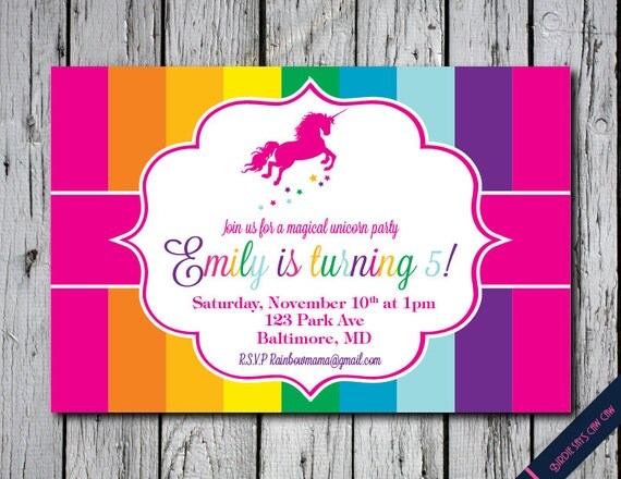 Rainbow Unicorn Birthday Party Custom Printable Invitation