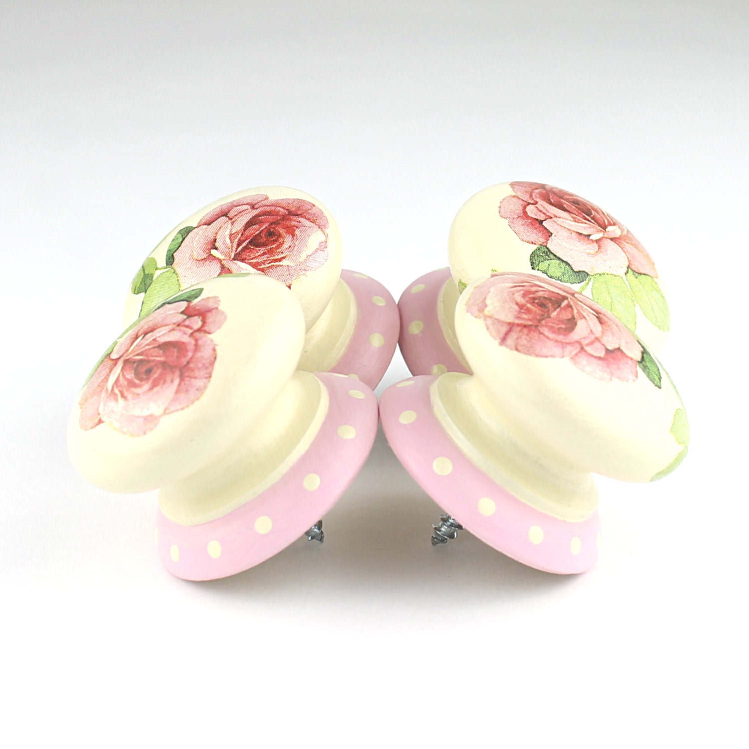 Door Knob Wooden Drawer Knob Pink Roses Design 50mm