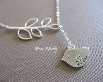 Silver Bird Necklace, Bird and Branch Necklace, Lariat Style