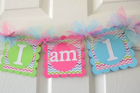 Chevron I am 1 Banner, Birthday Party, Multicolored Chevron Theme, 1st Year Party, Highchair Banner Il_570xn