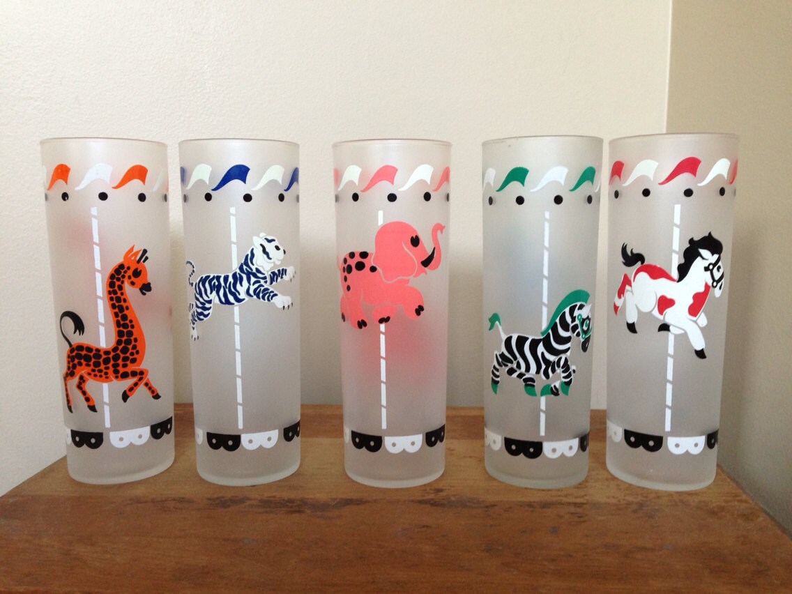 Vintage glasses animals carousel circus Libbey drinking glass