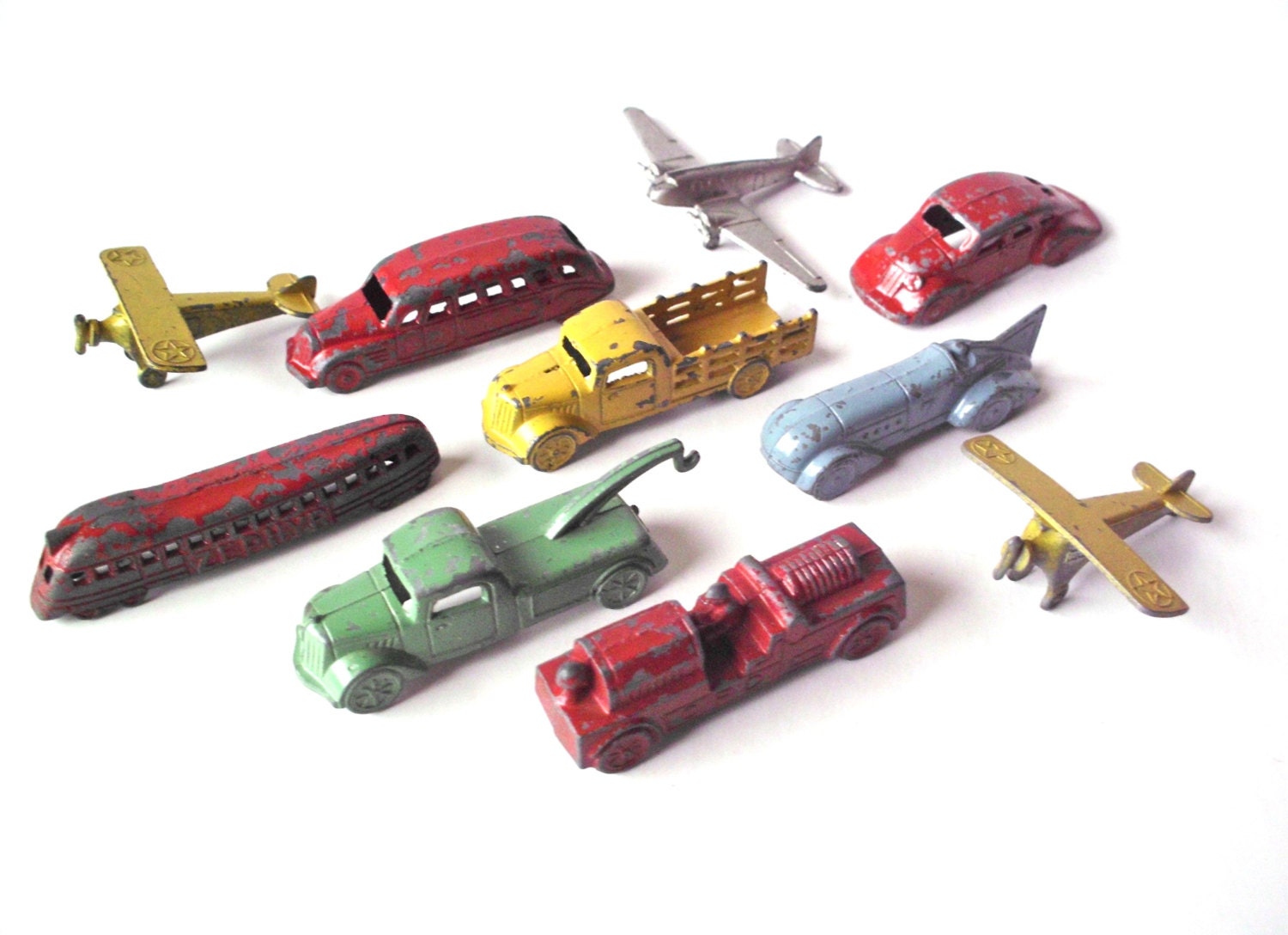 Set of Ten Vintage Tootsietoy Cracker Jack Metal Cars Trucks