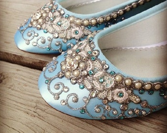 Wedding Shoes - Fairy Tale Inspired Closed Toe Flats - Lace, Crystals and Pearls - Blue/White/Ivory/Custom Colors