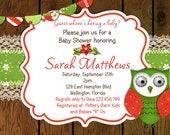 Rustic Christmas Owl Baby Shower Invitation Red and Green Wood and Lace Printable Invite Il_170x135