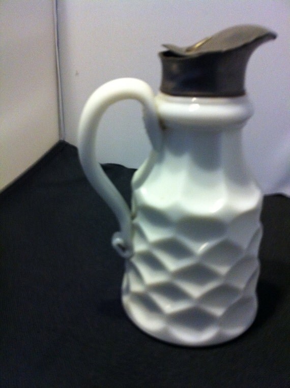 RESERVED......Vintage Soild milk glass pitcher with metal lid