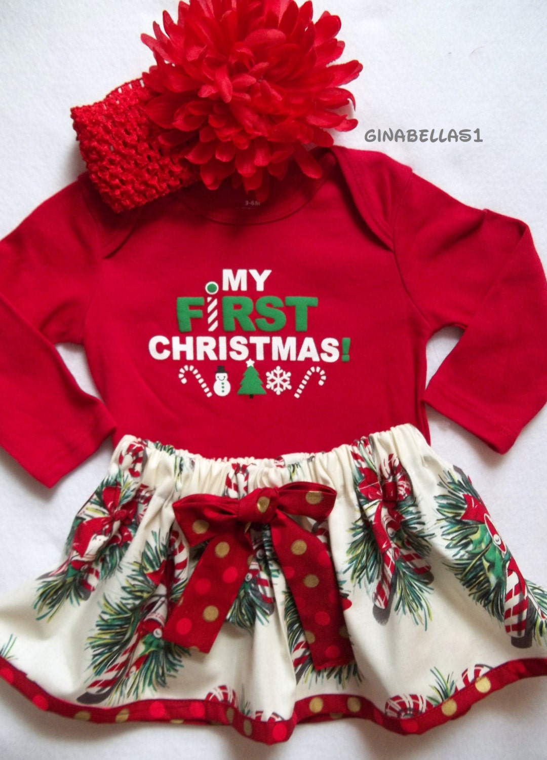 First Christmas baby girl onesie outfit candy cane dress Santa