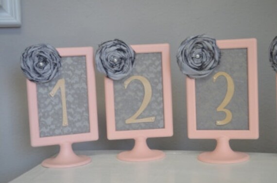 Pink and Charcal grey Table numbers-Modern Wedding Pink frames with Handmade rose and lace