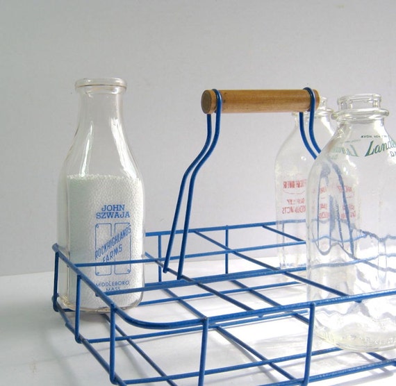 Vintage Milk Bottle Carrier Blue Wire Basket by DairyFarmAntiques