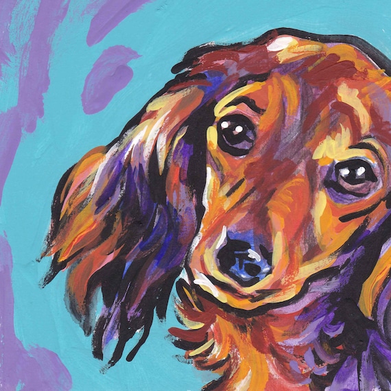 long haired Red Dachshund portrait art print og modern Dog pop