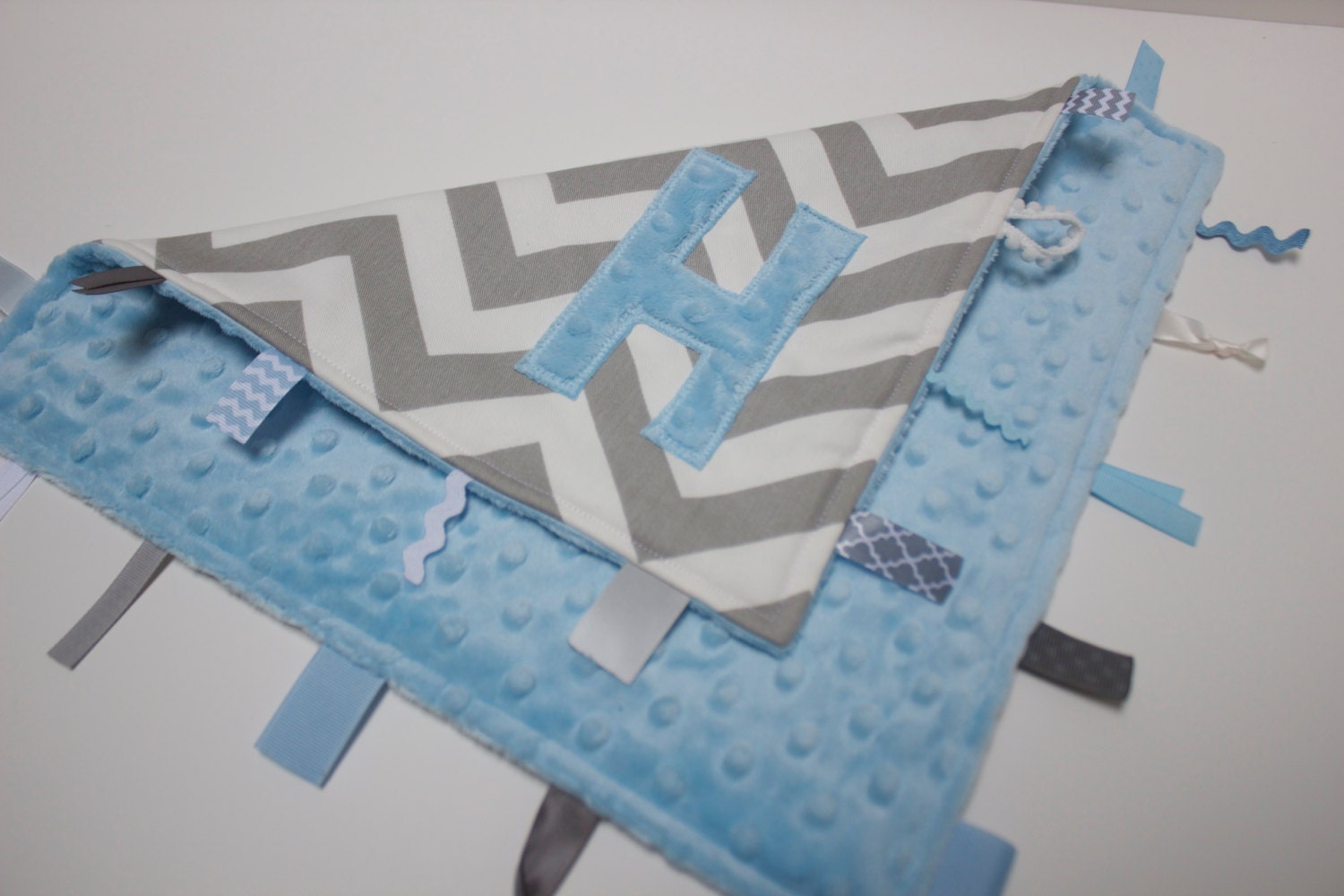 Personalized Chevron baby blanket Light blue gray lovey