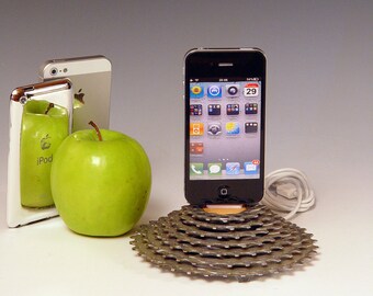 Docking stations and chargers. iPhone 6 dock, iPod dock. recycled bike gear and oak. A unique gift for a cyclist. (572)