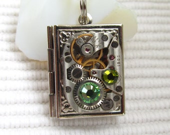 Steampunk book locket necklace with vintage watch movement and Swarovski crystals, Gift for Her, silver locket necklace, photo locket